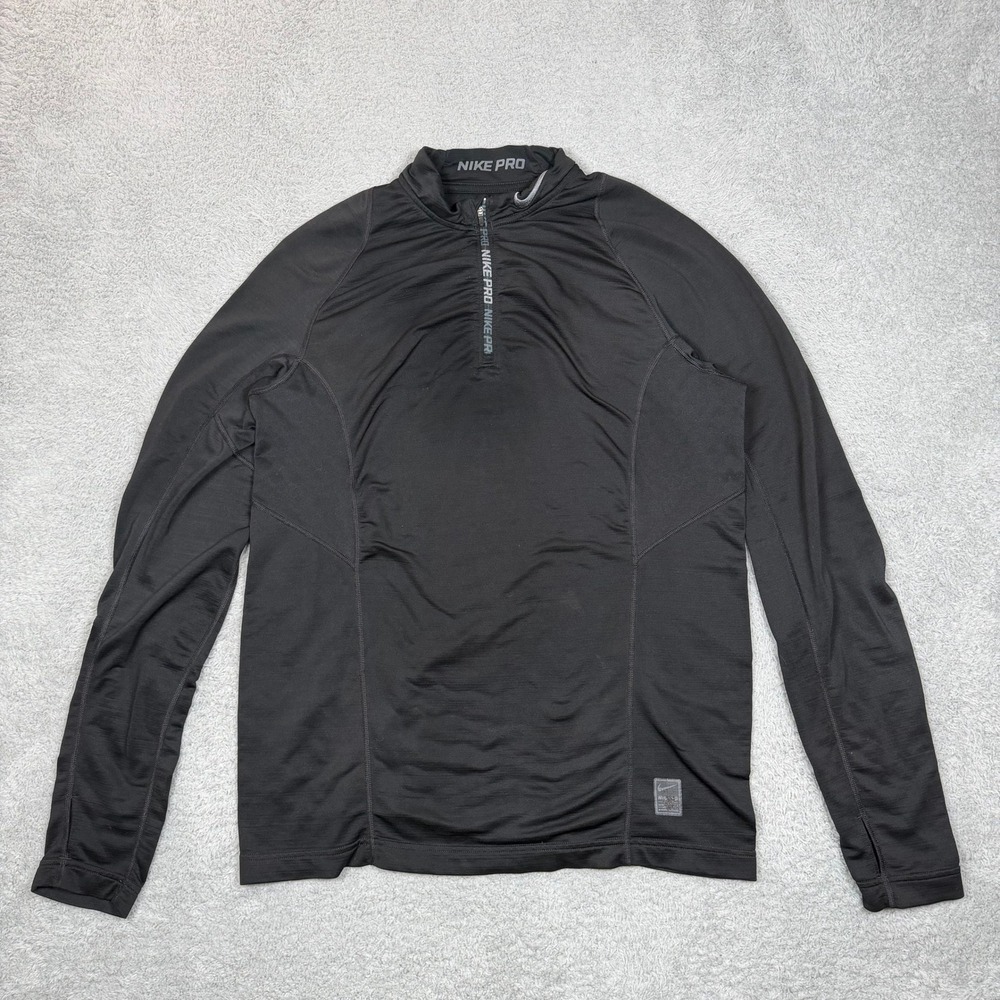 Nike Pro Hyperwarm Women Black Quarter Zip Pullover Fitted Thumbhole Top Large